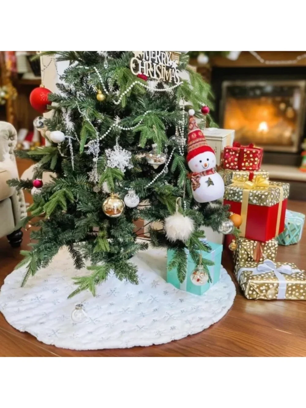 48-Inch White Faux Fur Christmas Tree Skirt with Sequin Snowflakes - Holiday